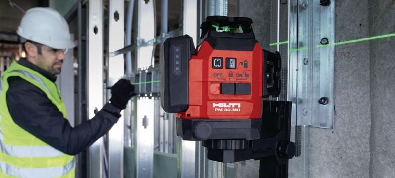 PM 30-MG Multi-line laser Compact multi-line laser - 3x360° self-leveling green lines for faster leveling, aligning, and squaring (12V battery platform) Applications 1