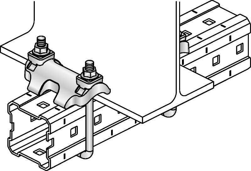 MI-DGC Beam clamp Hot-dip galvanised (HDG) double beam clamp for connecting MI girders to steel beams for heavy-duty applications