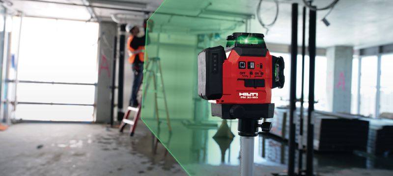 PM 30-MG Multi-line laser Compact multi-line laser - 3x360° self-leveling green lines for faster leveling, aligning, and squaring (12V battery platform) Applications 1