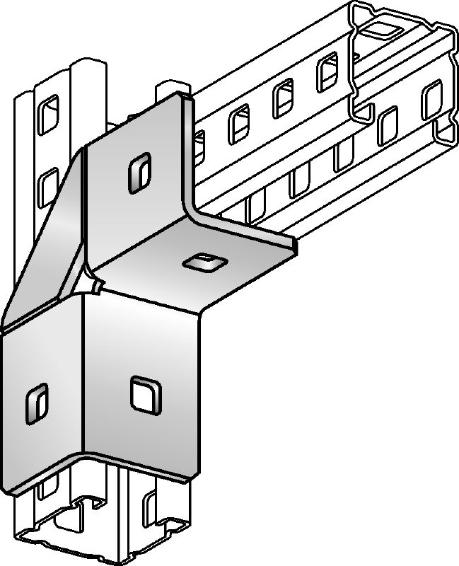 MC-A-90 Galvanised angle connector for 90-degree attachment of MC-3D channels to one another with higher load requirements indoors