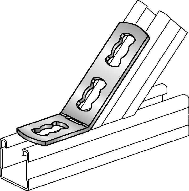 MQW 45°/135°-F Hot-dip galvanised (HDG) 45- or 135-degree angle for connecting multiple MQ strut channels